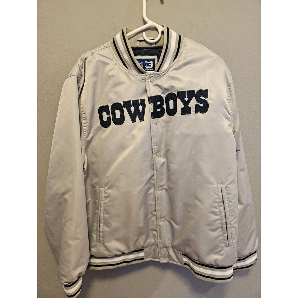Dallas Cowboys Ultra Game Satin Bomber Jacket Men’s L Silver NFL NWT $130